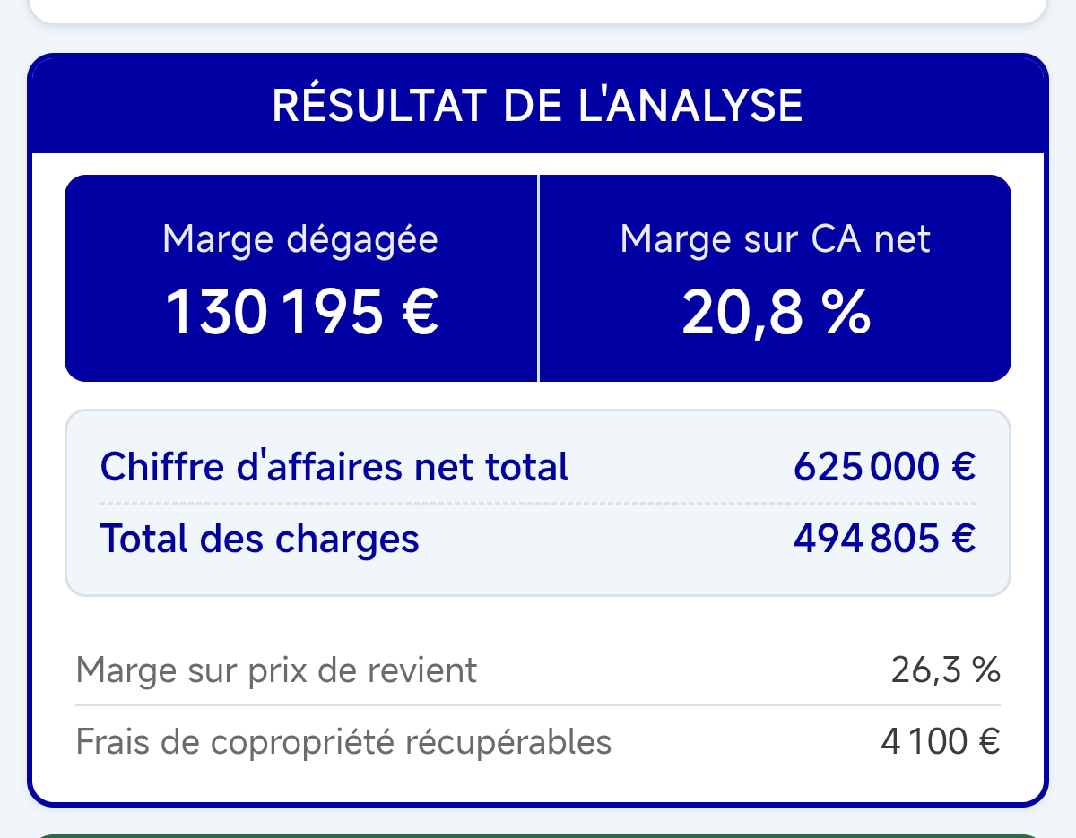 Résultat d'analyse Écran de résultat MDB Check affichant la marge nette d'une opération de marchand de biens, frais financiers compris