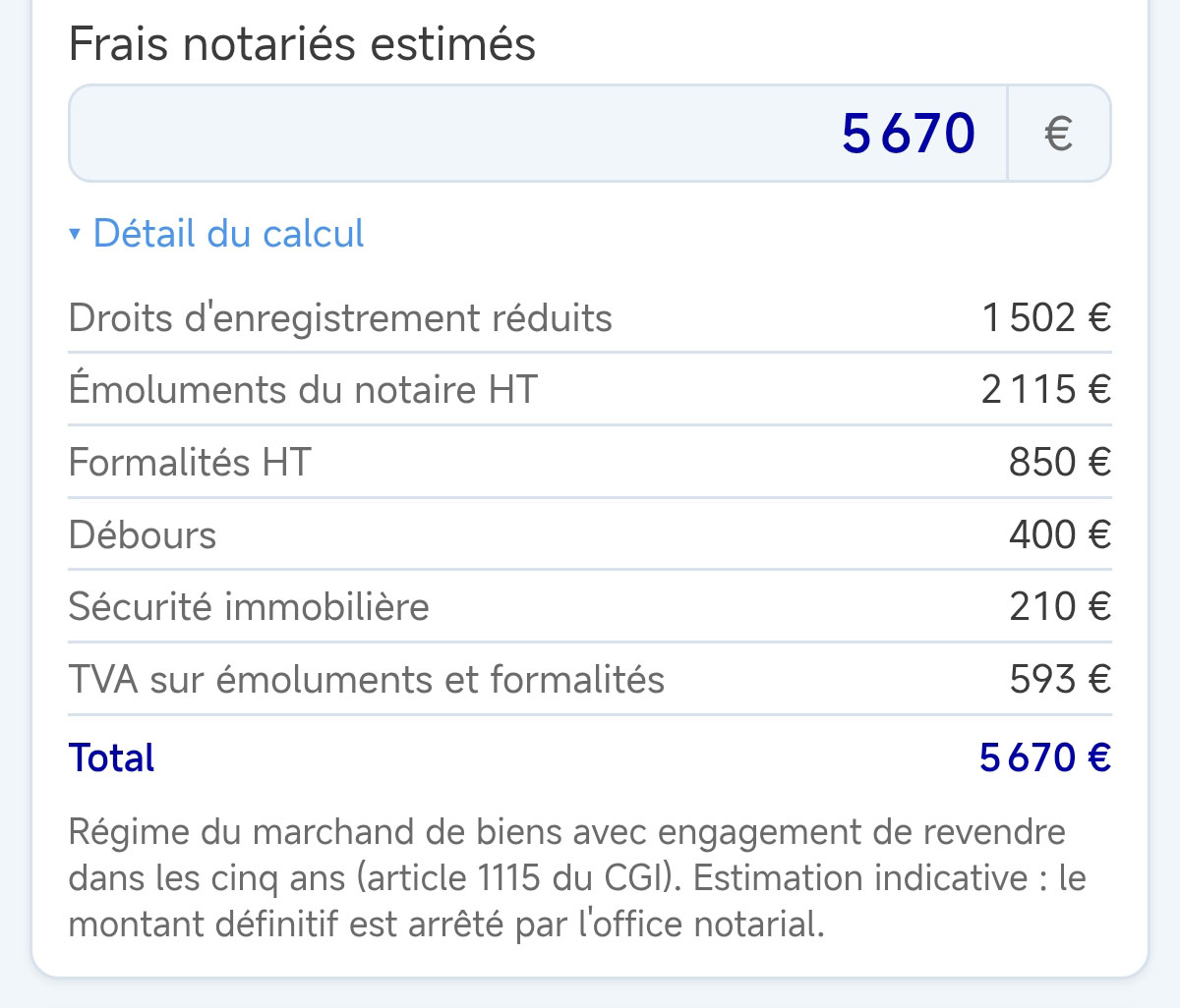 Frais notariés réduit Écran MDB Check calculant les frais de notaire d'une opération sous droits d'enregistrement réduits (article 1115 du CGI)