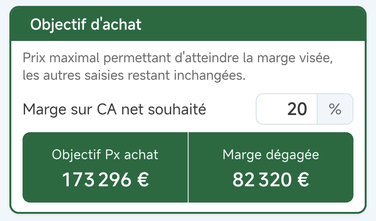 Objectif d'achat Écran MDB Check calculant le prix d'achat maximum d'une opération à partir d'un taux de marge nette cible