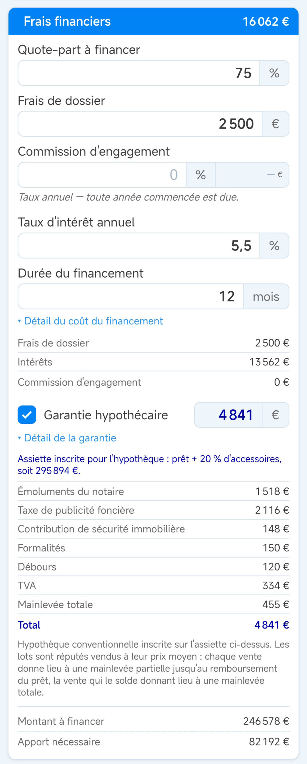frais financier Écran MDB Check détaillant le coût du financement : frais de dossier, intérêts, garantie hypothécaire et mainlevées
